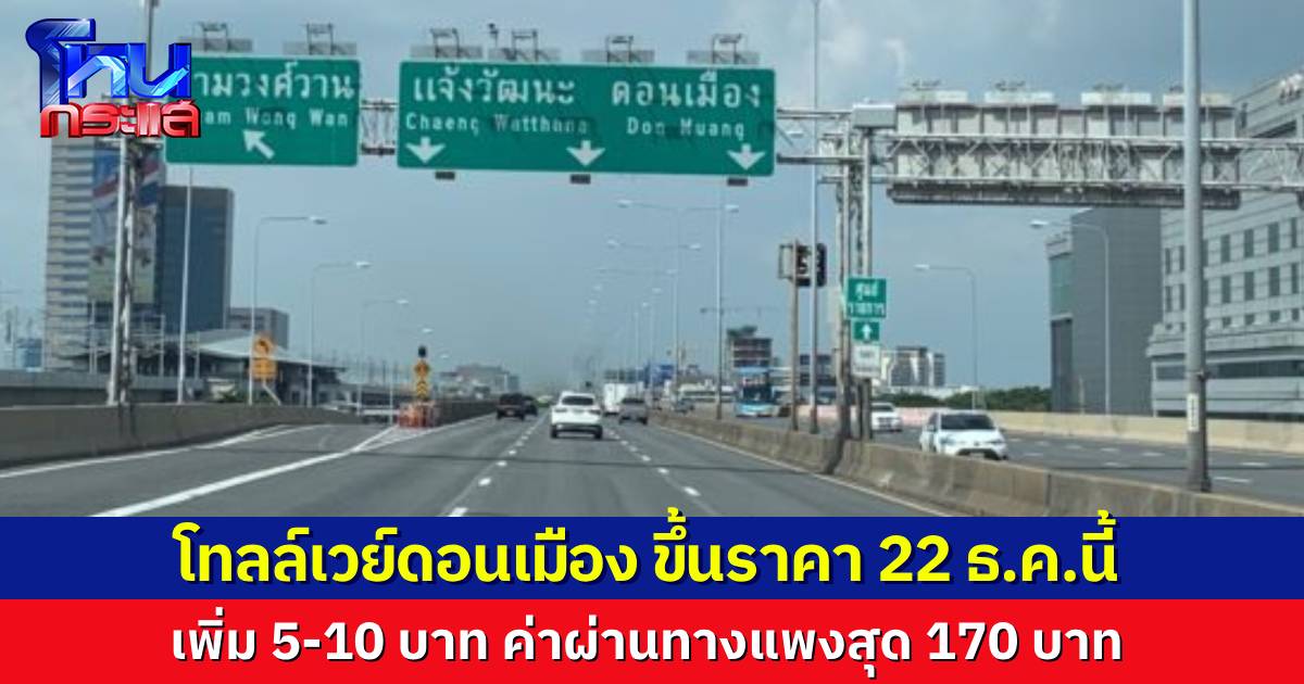 ทางด่วนดอนเมืองโทลล์เวย์ ขึ้นราคา 5-10 บาท ทำให้ค่าผ่านทางแพงสุดแตะ 170 บาท เริ่ม 22 ธันวาคมนี้