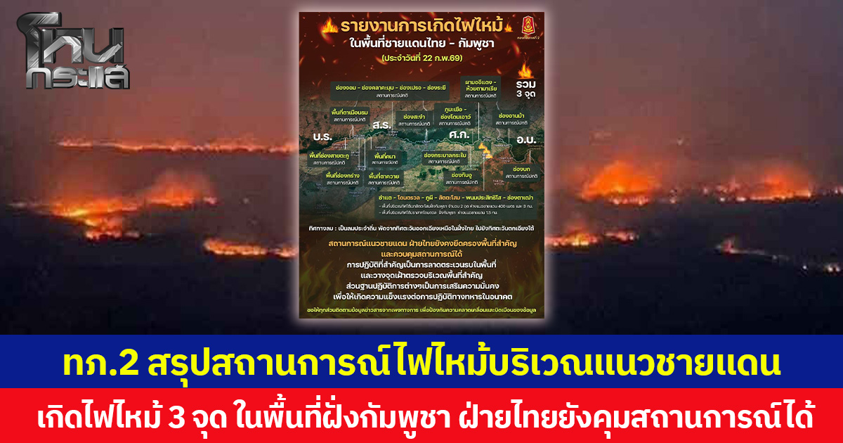 ทภ.2 สรุปสถานการณ์ไฟไหม้บริเวณแนวชายแดน เกิดไฟไหม้ 3 จุด ในพื้นที่ฝั่งกัมพูชา  ฝ่ายไทยยังคุมสถานการณ์ได้