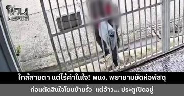 พนักงานพยายามมยัดห่อพัสดุผ่านช่องรั้ว ก่อนตัดสินใจเขย่งเอื้อมหย่อนข้ามรั้ว แต่อ้าว... ประตูเปิดอยู่