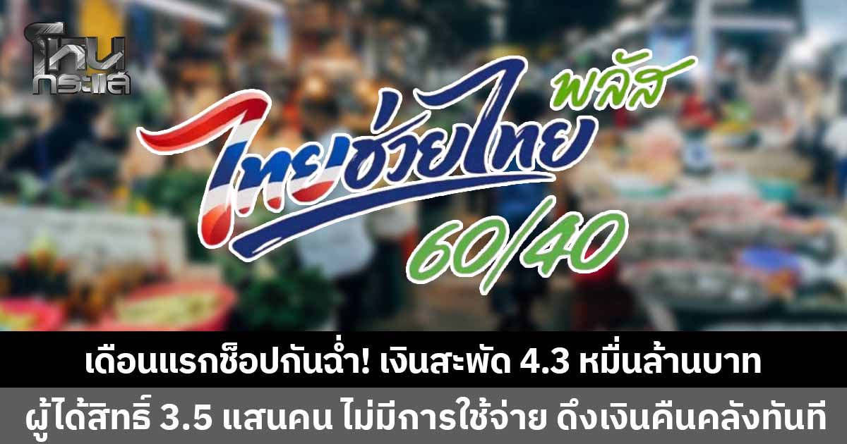 เดือนแรกช็อปกันฉ่ำ! 'ไทยช่วยไทยพลัส 60/40' เดือนมิถุนายน เงินสะพัด 4.3 หมื่นล้านบาท แต่มีผู้ได้สิทธิ์ 3.5 แสนคน ไม่มีการใช้จ่าย ดึงเงินคืนคลังทันที