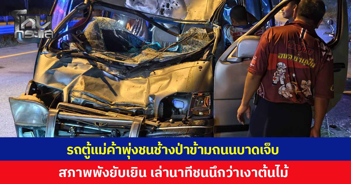 ระทึกก่อนรุ่งสาง! รถตู้แม่ค้าข้าวแกงพุ่งชนช้างป่า ขณะเดินข้ามถนนบาดเจ็บ สภาพรถพังยับเยิน ลูกชายเล่านาทีชน นึกว่าเป็นเงาต้นไม้ใหญ่บังทาง