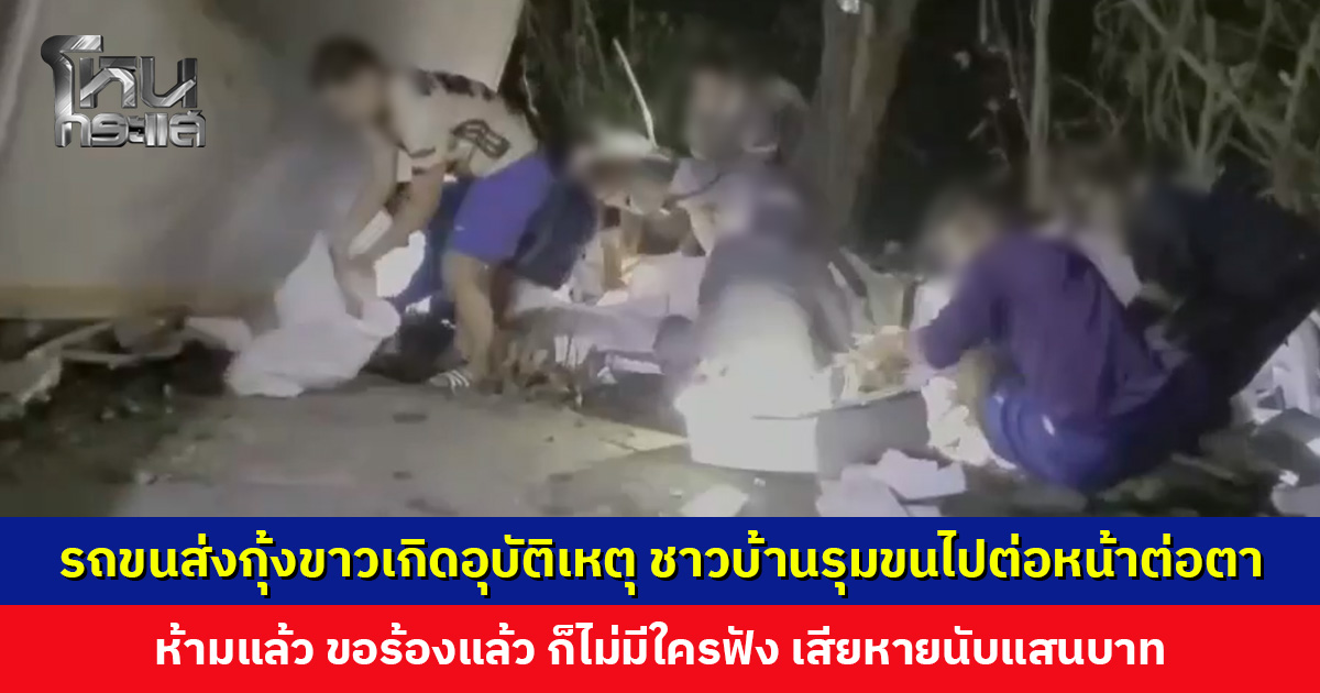 รถขนส่งกุ้งขาวเกิดอุบัติเหตุ ชาวบ้านรุมขนกุ้งไปต่อหน้าต่อตา เสียหายนับแสนบาท เตรียมนำคลิปหลักฐานเข้าแจ้งความ