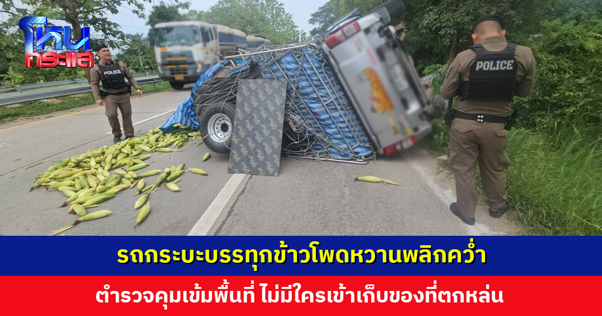 รถกระบะบรรทุกข้าวโพดหวานพลิกคว่ำ ตำรวจคุมเข้มพื้นที่ ไม่มีใครเข้าเก็บของตกหล่น