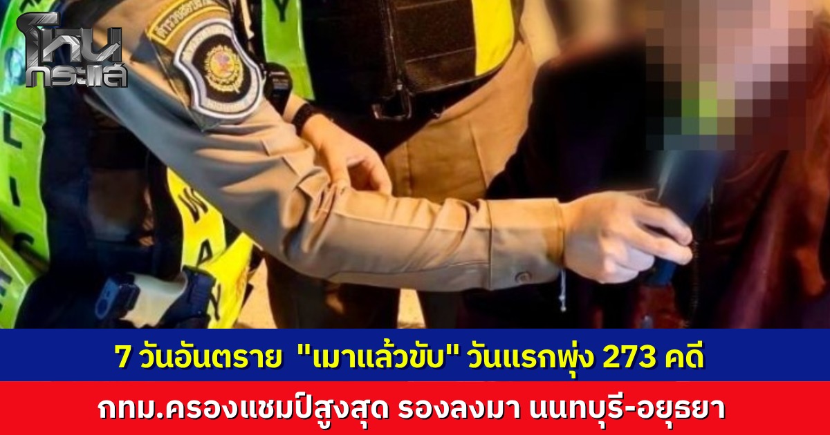 ประเดิม 7 วันอันตราย คุมประพฤติเผยยอด "เมาแล้วขับ" วันแรกพุ่ง 273 คดี กทม.ครองแชมป์สูงสุด ตามด้วยนนทบุรีและอยุธยา