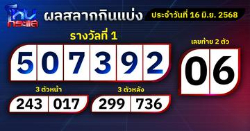 ผลการออกรางวัลสลากกินแบ่งรัฐบาลประจำวันที่ 16 มิถุนายน 2568