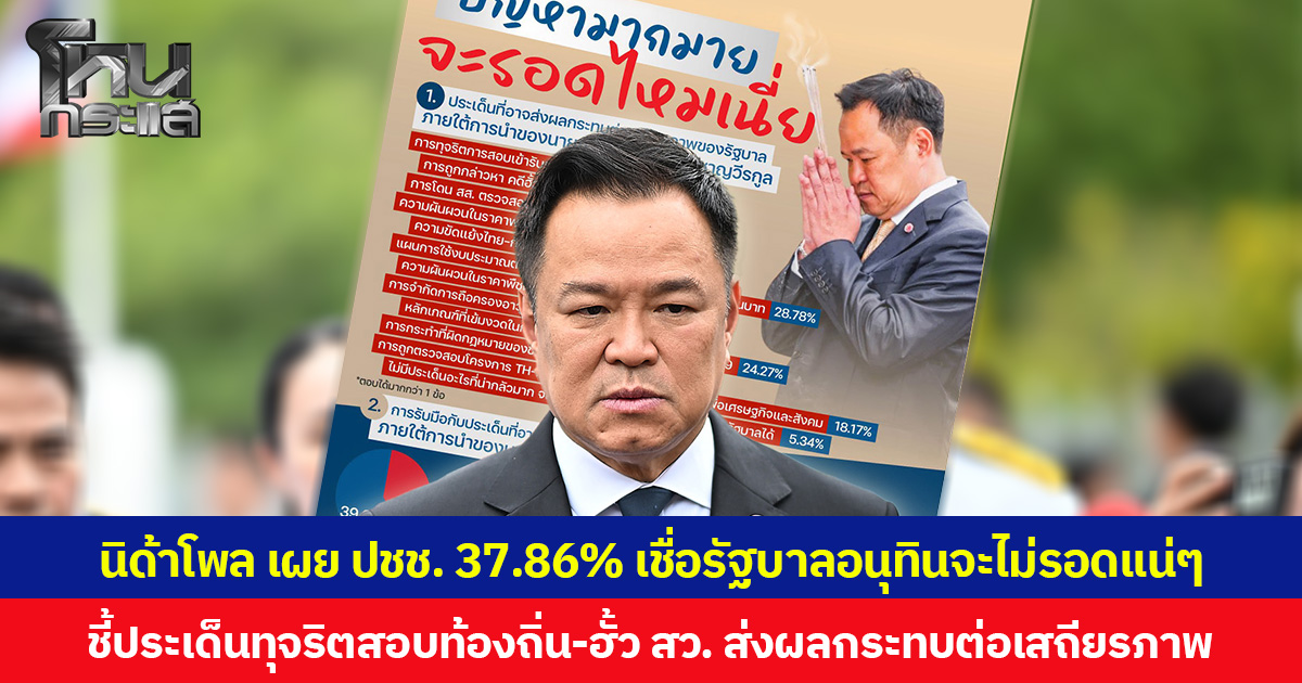 นิด้าโพล เผย ปชช. 37.86% เชื่อรัฐบาลอนุทินจะไม่รอดแน่ ๆ ชี้ประเด็นทุจริตสอบท้องถิ่น-ฮั้ว สว. ส่งผลกระทบต่อเสถียรภาพ