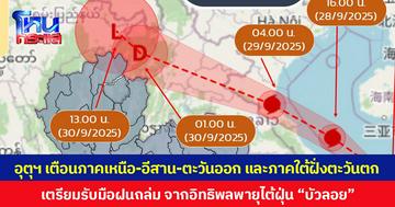 อุตุฯ เตือนภาคเหนือ-อีสาน-ตะวันออก และภาคใต้ฝั่งตะวันตก เตรียมรับมือฝนถล่มจากอิทธิพลพายุไต้ฝุ่น “บัวลอย”