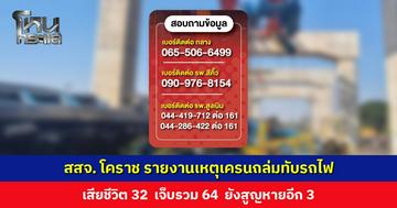 สสจ. โคราช รายงานเหตุเครนถล่มทับรถไฟ ผู้บาดเจ็บได้รับการดูเเลเรียบร้อยเเล้ว ส่วนผู้เสียชีวิต อยู่ระหว่างพิสูจน์อัตลักษณ์บุคคล