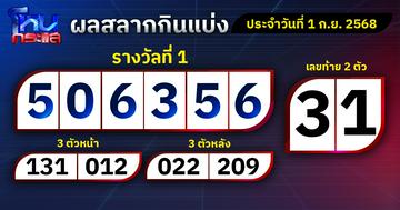 ผลการออกรางวัลสลากกินแบ่งรัฐบาลประจำงวดวันที่ 1 กันยายน 2568