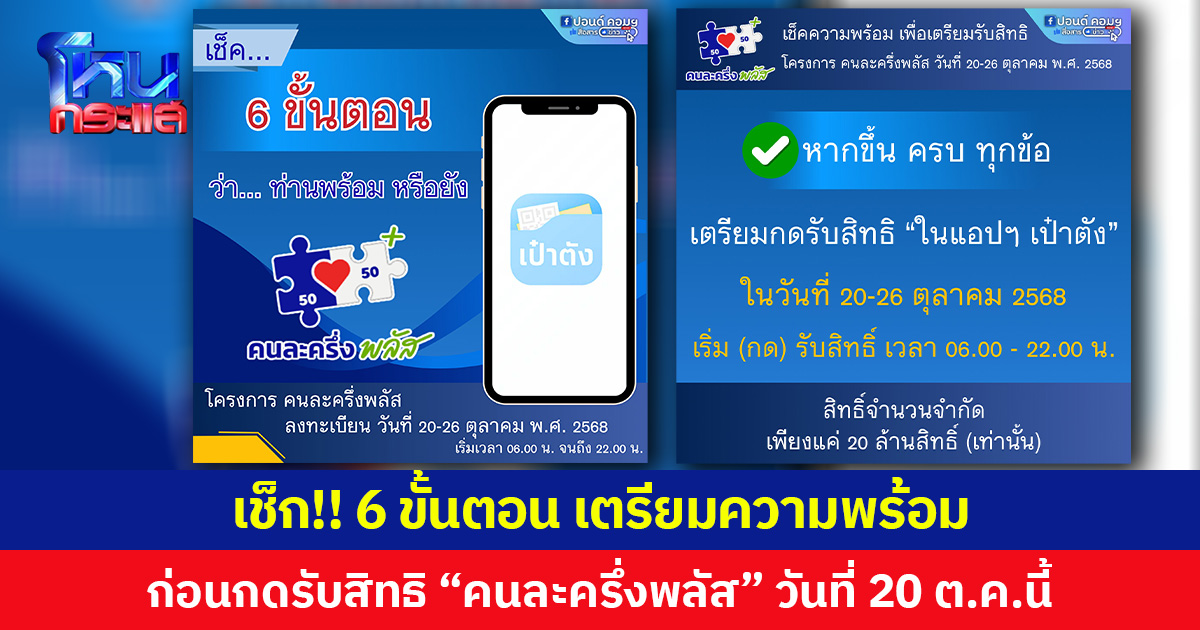 เช็ก!! 6 ขั้นตอน เตรียมความพร้อม  ก่อนกดรับสิทธิ “คนละครึ่งพลัส” วันที่ 20 ต.ค.นี้