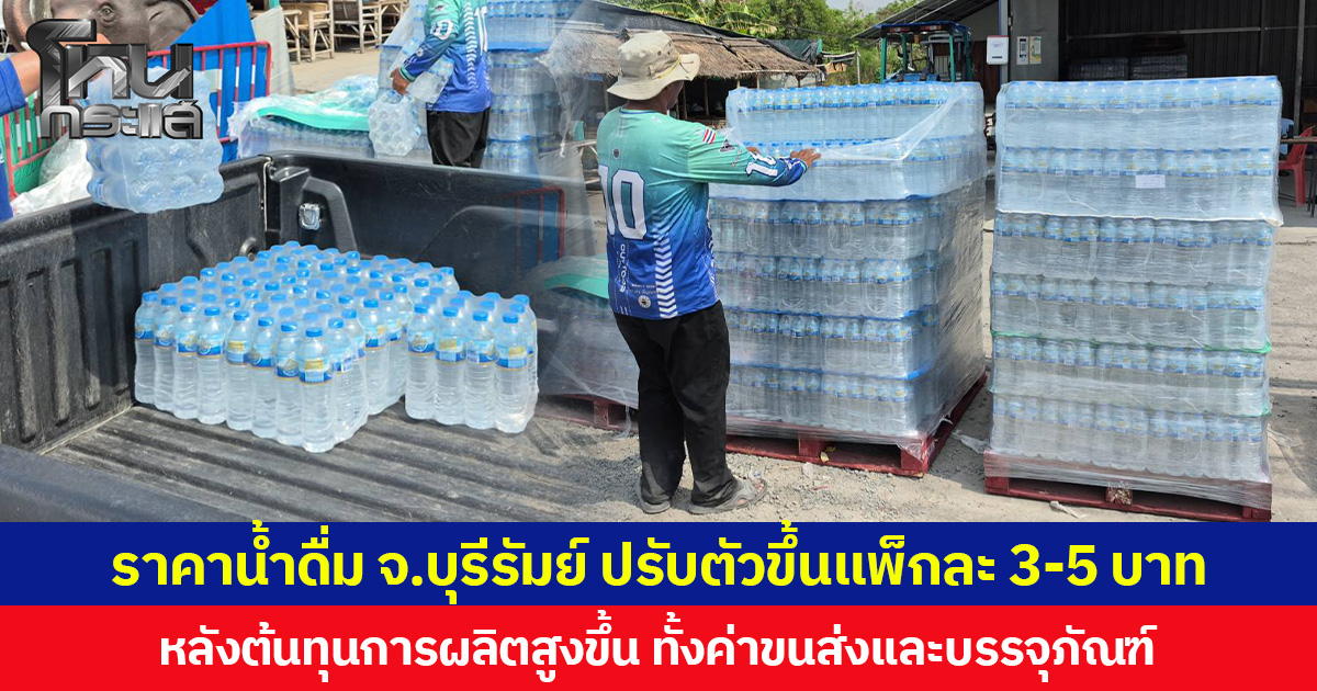 ราคาน้ำดื่ม จ.บุรีรัมย์ ปรับตัวขึ้นแพ็กละ 3-5 บาท หลังต้นทุนการผลิตสูงขึ้น ทั้งค่าขนส่งและบรรจุภัณฑ์