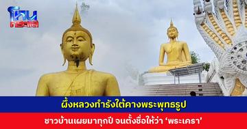 ผึ้งหลวงทำรังใต้คางพระพุทธรูป ชาวบ้านเผยมาทุกปี และไม่เคยไปทำรังบริเวณอื่น จนตั้งชื่อให้ว่า ‘พระเครา’