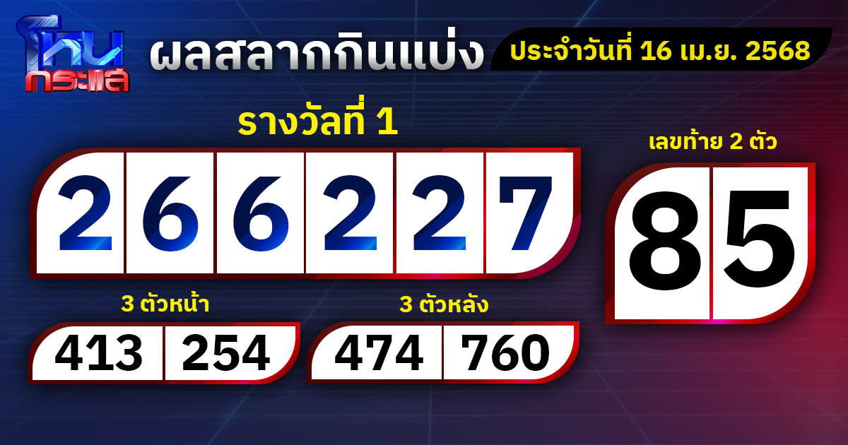 ผลการออกรางวัลสลากกินแบ่งรัฐบาลประจำงวดวันที่  16 เมษายน 2568