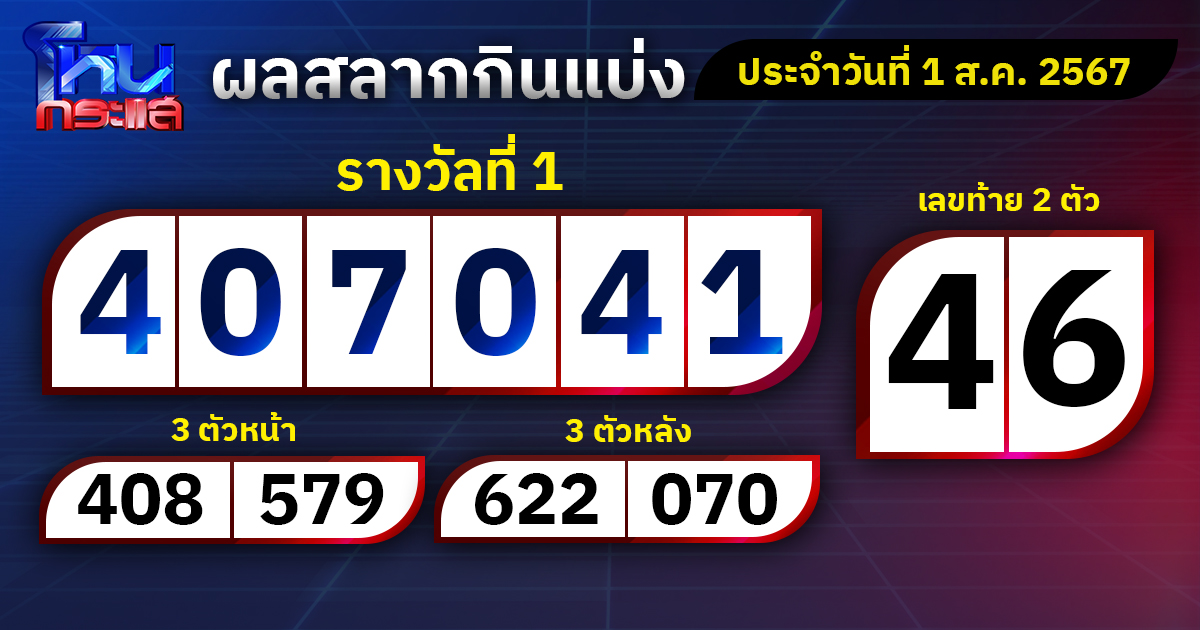 ผลการออกสลากกินแบ่งรัฐบาลประจำงวดวันที่ 1 สิงหาคม  2567