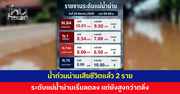 ระดับแม่น้ำน่านเริ่มลดลง แต่ยังสูงกว่าตลิ่งหลายจุด เบื้องต้นพบผู้เสียชีวิตแล้ว 2 ราย