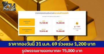 ราคาทองวันนี้ 31 ม.ค.69 ร่วงแรง 1,200 บาท รูปพรรณขายออกบาทละ 75,000 บาท